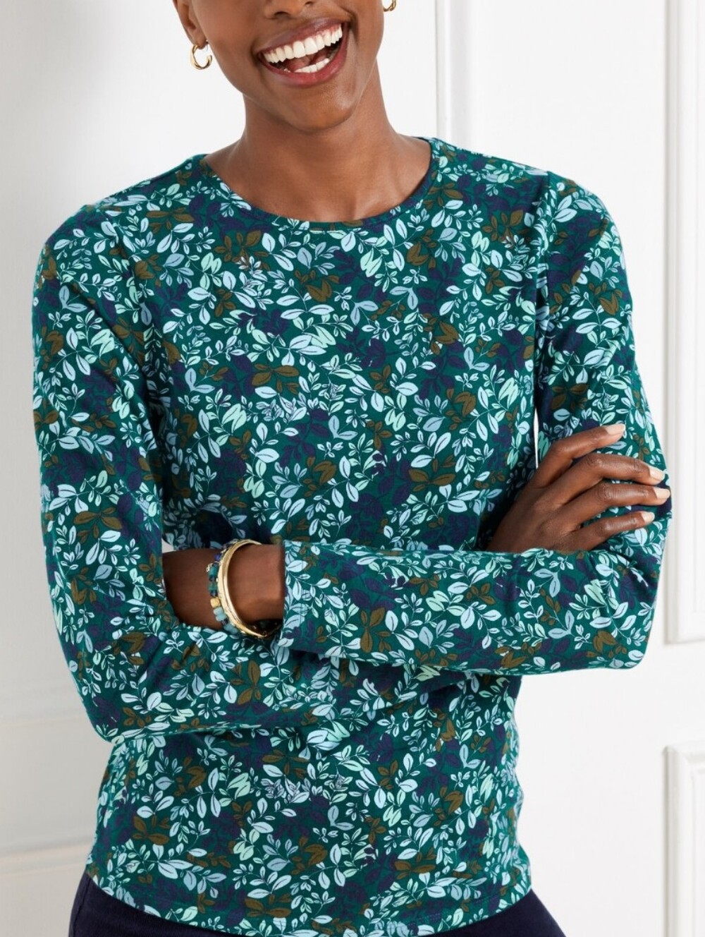 Talbots Green Floral Crewneck Tee